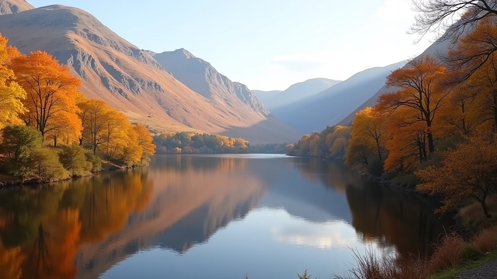 Autumn colors reflected in Killarney lake with golden mountain backdrop