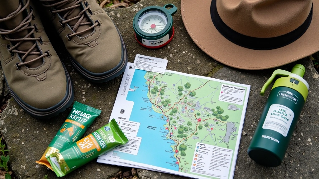 Hiking essentials laid out including boots, water bottle, snacks, and map on outdoor surface