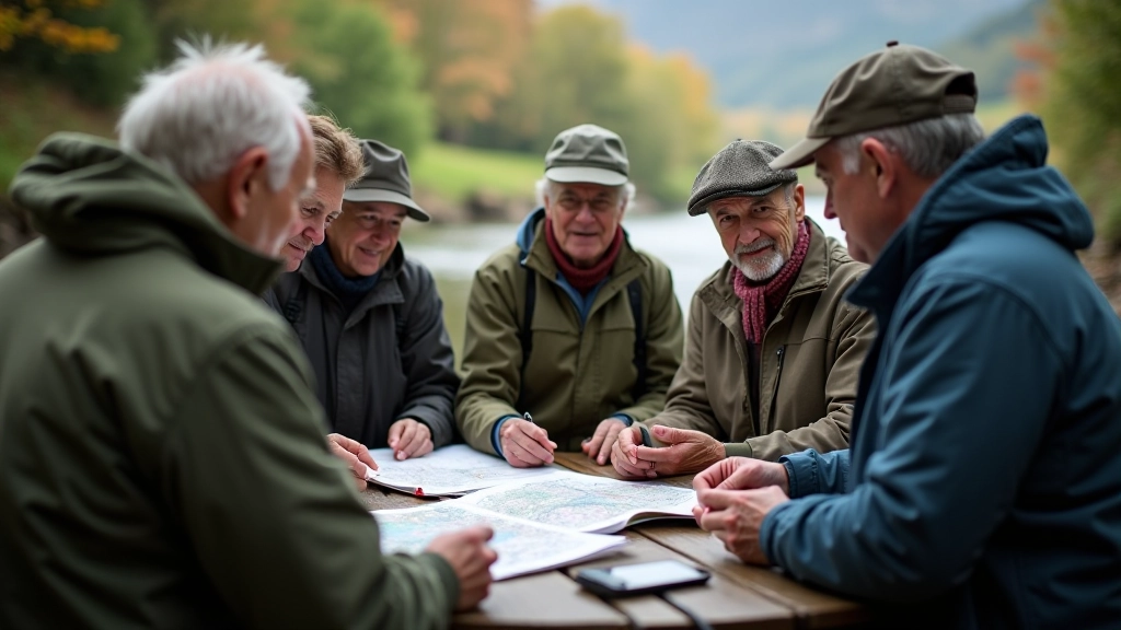 Small group of seniors preparing hiking gear with trail guide