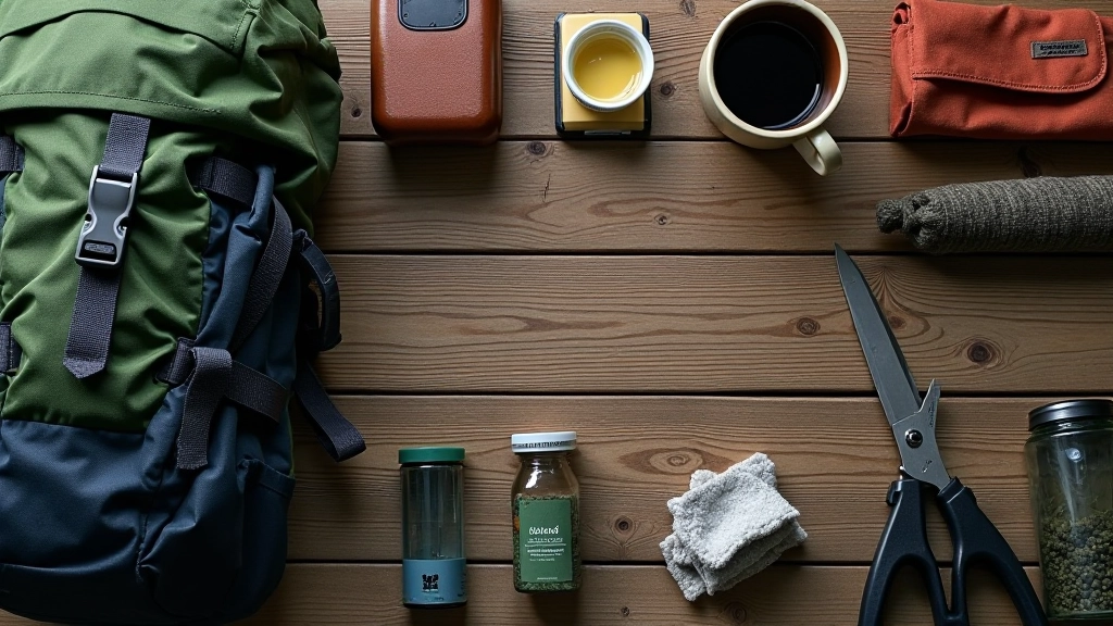Backpack with hiking essentials laid out on a wooden table including water bottle, sunscreen, and snacks