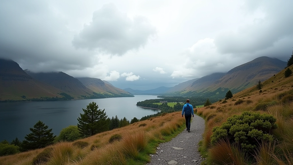 Hikers on trail with dramatic cloudy sky over Killarney mountains in the distance