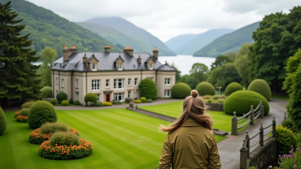 Muckross House historic mansion with manicured gardens and lake backdrop