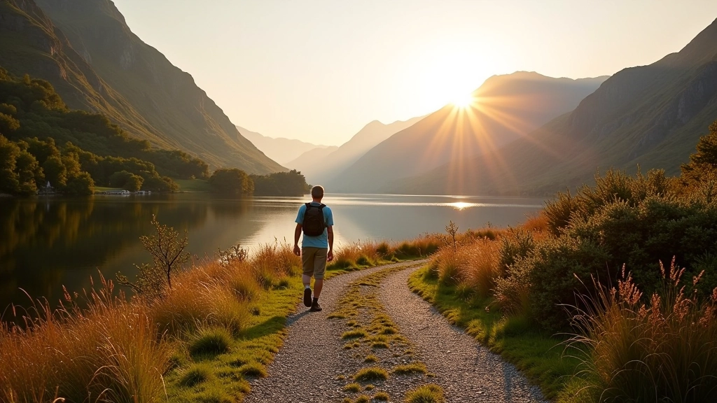 Scenic lakeshore path with mountain views at Muckross House in Killarney