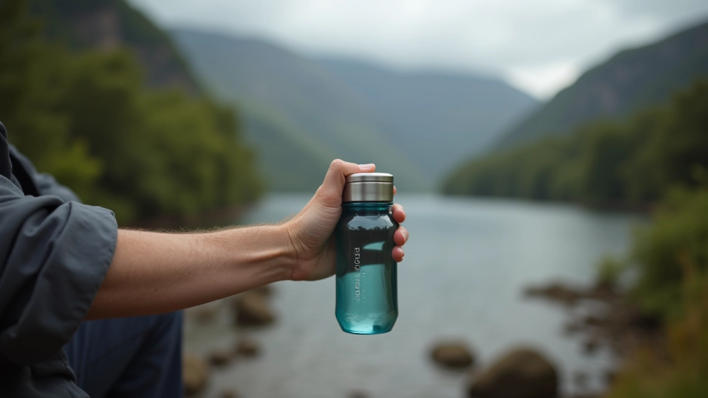 Person drinking water from a reusable bottle while sitting on a trail with mountain views