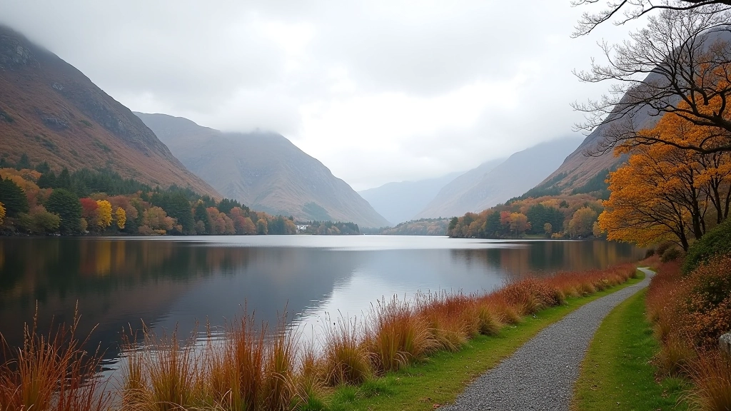 Beautiful Killarney lakeshore landscape with calm waters and mountain backdrop