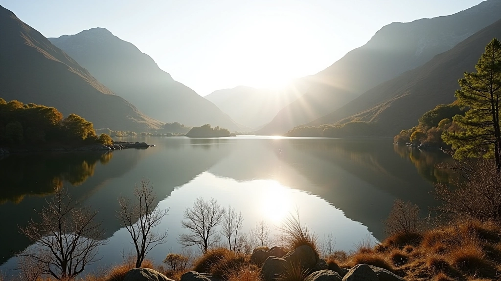 Scenic lakeshore hiking trail in Killarney with mountains and water reflections
