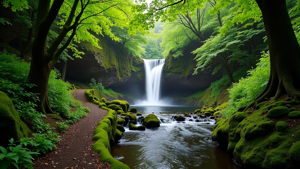 Torc Waterfall trail with scenic water cascade and forest surroundings