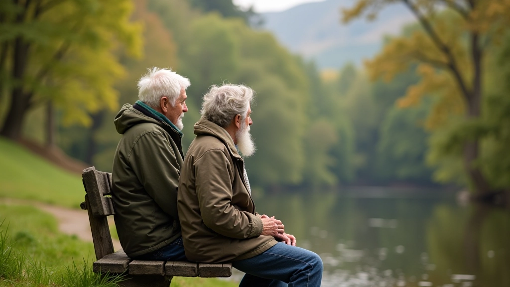 Two senior hikers resting on a wooden bench during a trail break