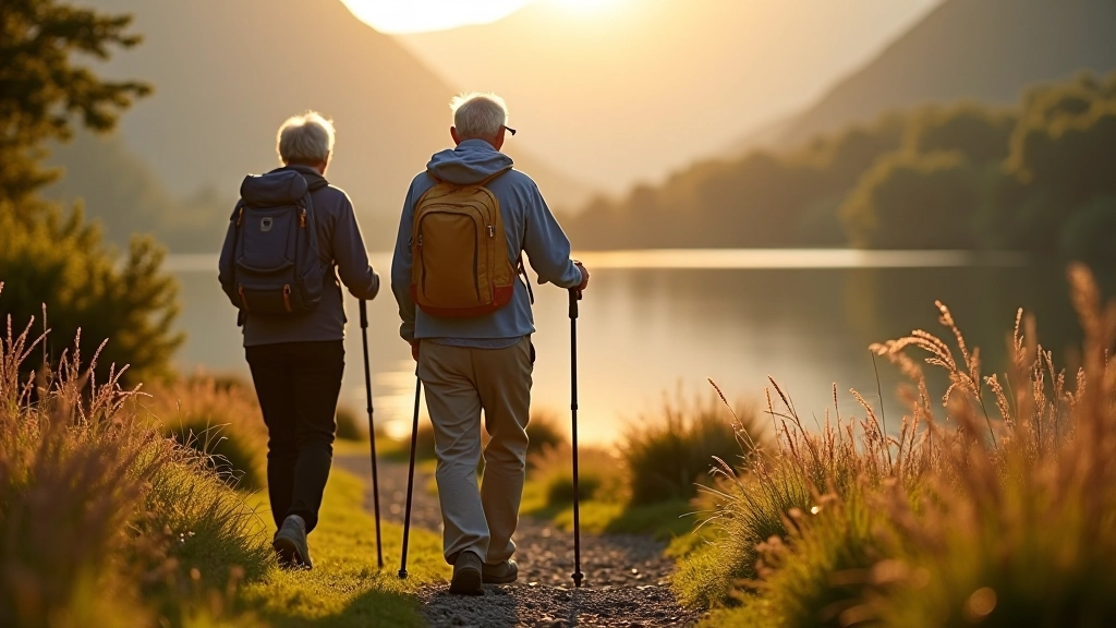 Two senior hikers on a scenic lakeshore trail in Killarney