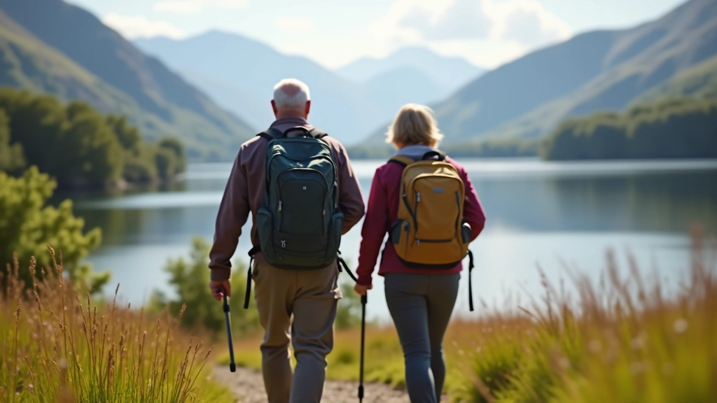 Senior couple hiking together on scenic Killarney trail with walking poles and comfortable outdoor clothing
