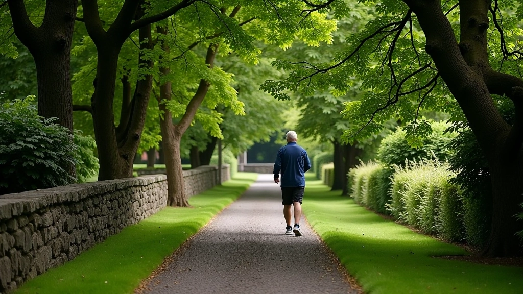 Walking path through Muckross House grounds with stone walls and forest backdrop